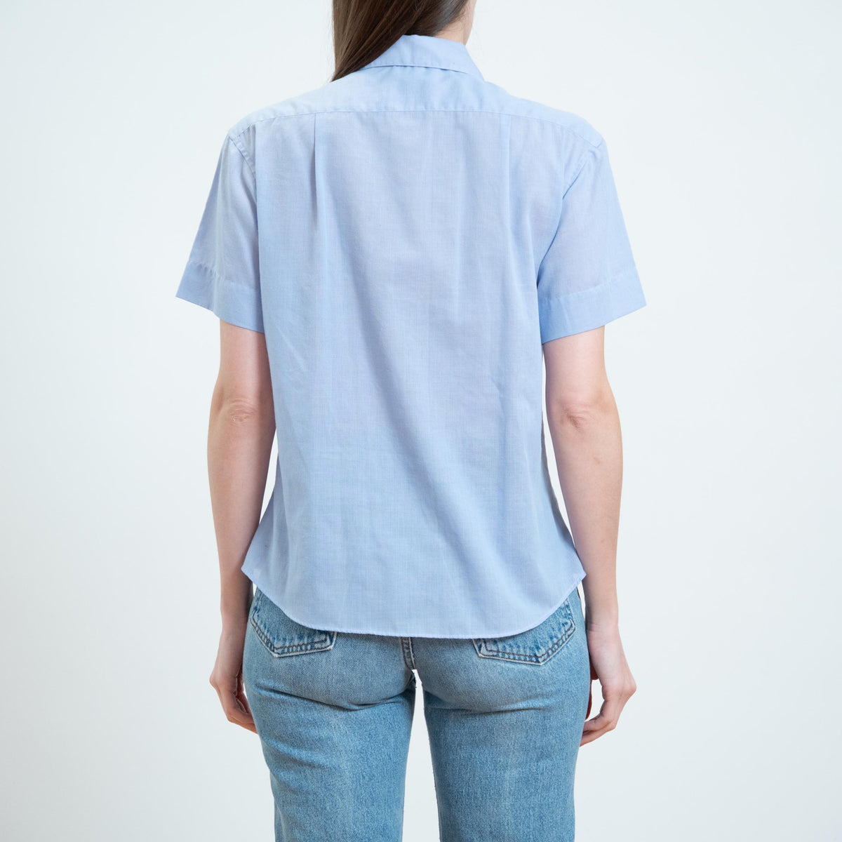 Vintage 90s Periwinkle Loop Collar Button Up Shirt - Large | Lightweight Collared Short Sleeve Blouse