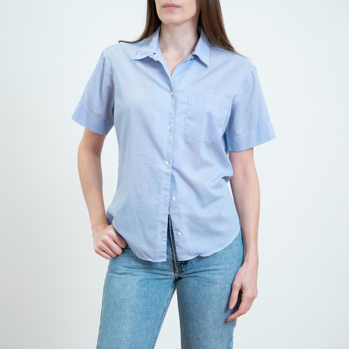 Vintage 90s Periwinkle Loop Collar Button Up Shirt - Large | Lightweight Collared Short Sleeve Blouse