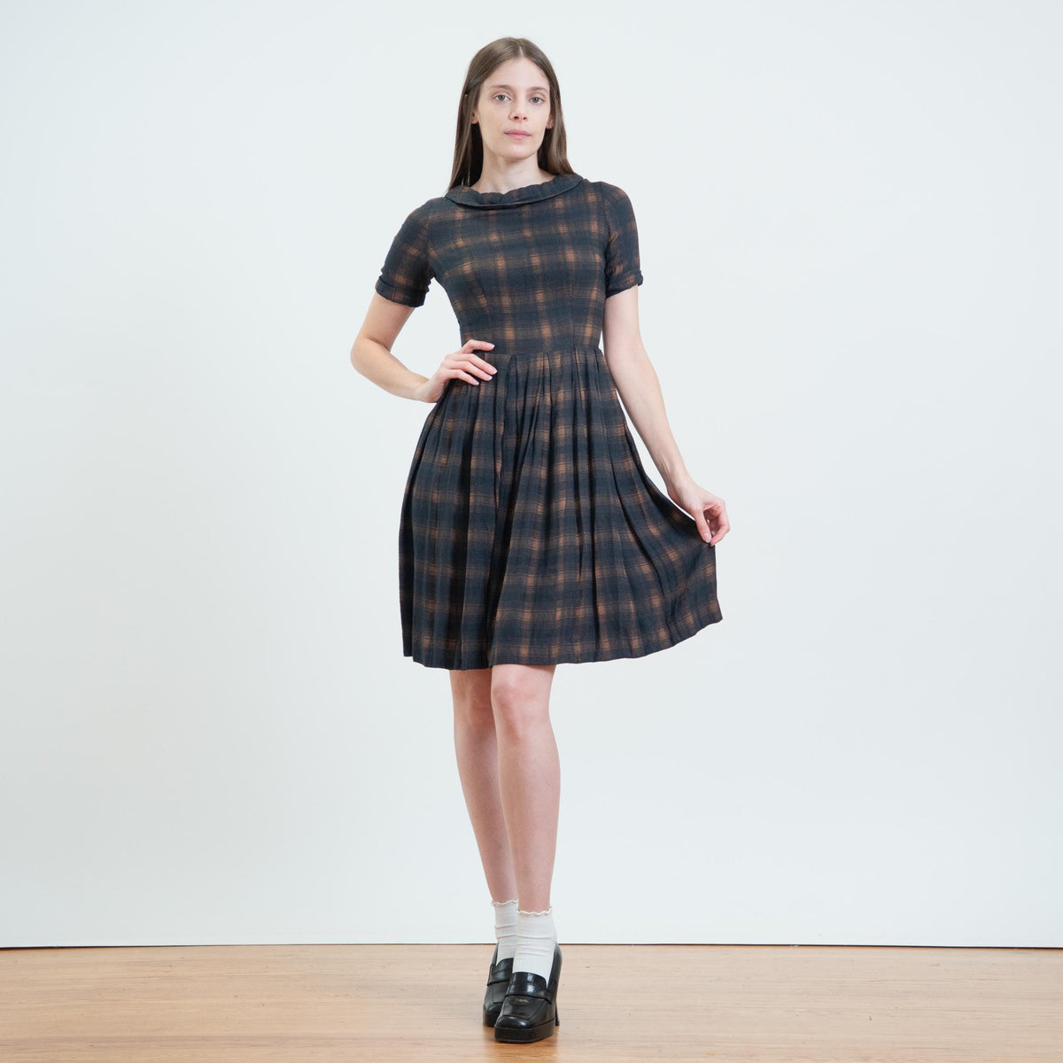 Vintage 50s Dark Plaid Soft Flannel Day Dress - Extra Small | Retro Fit & Flare Mini Dress