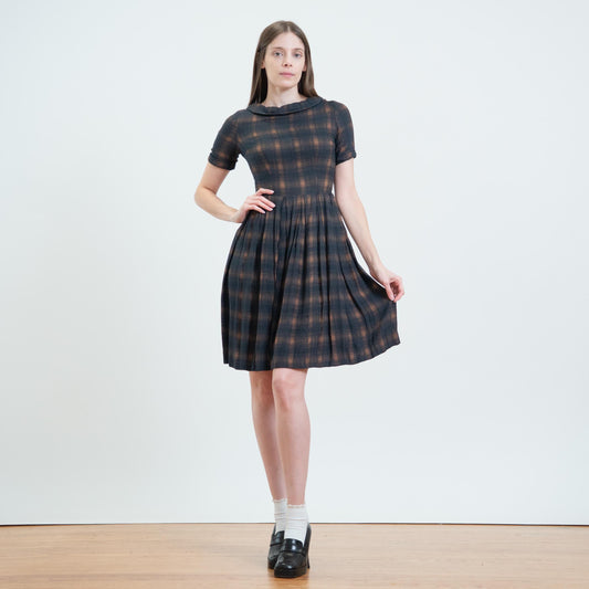 Vintage 50s Dark Plaid Soft Flannel Day Dress - Extra Small | Retro Fit & Flare Mini Dress