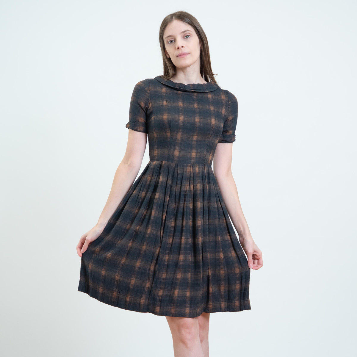 Vintage 50s Dark Plaid Soft Flannel Day Dress - Extra Small | Retro Fit & Flare Mini Dress