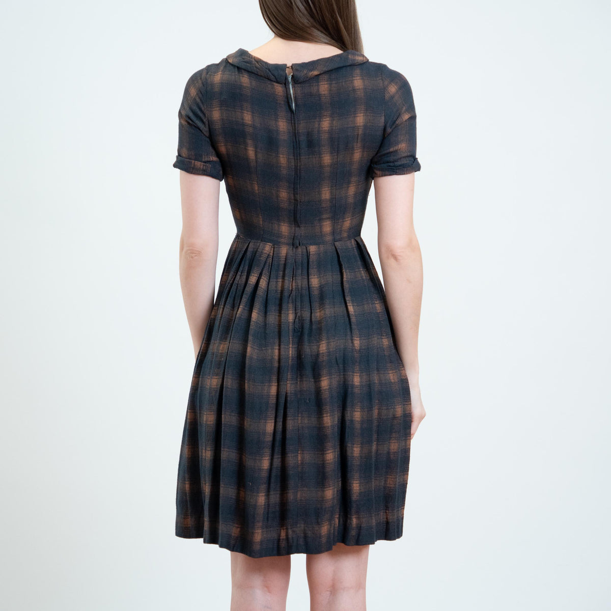 Vintage 50s Dark Plaid Soft Flannel Day Dress - Extra Small | Retro Fit & Flare Mini Dress