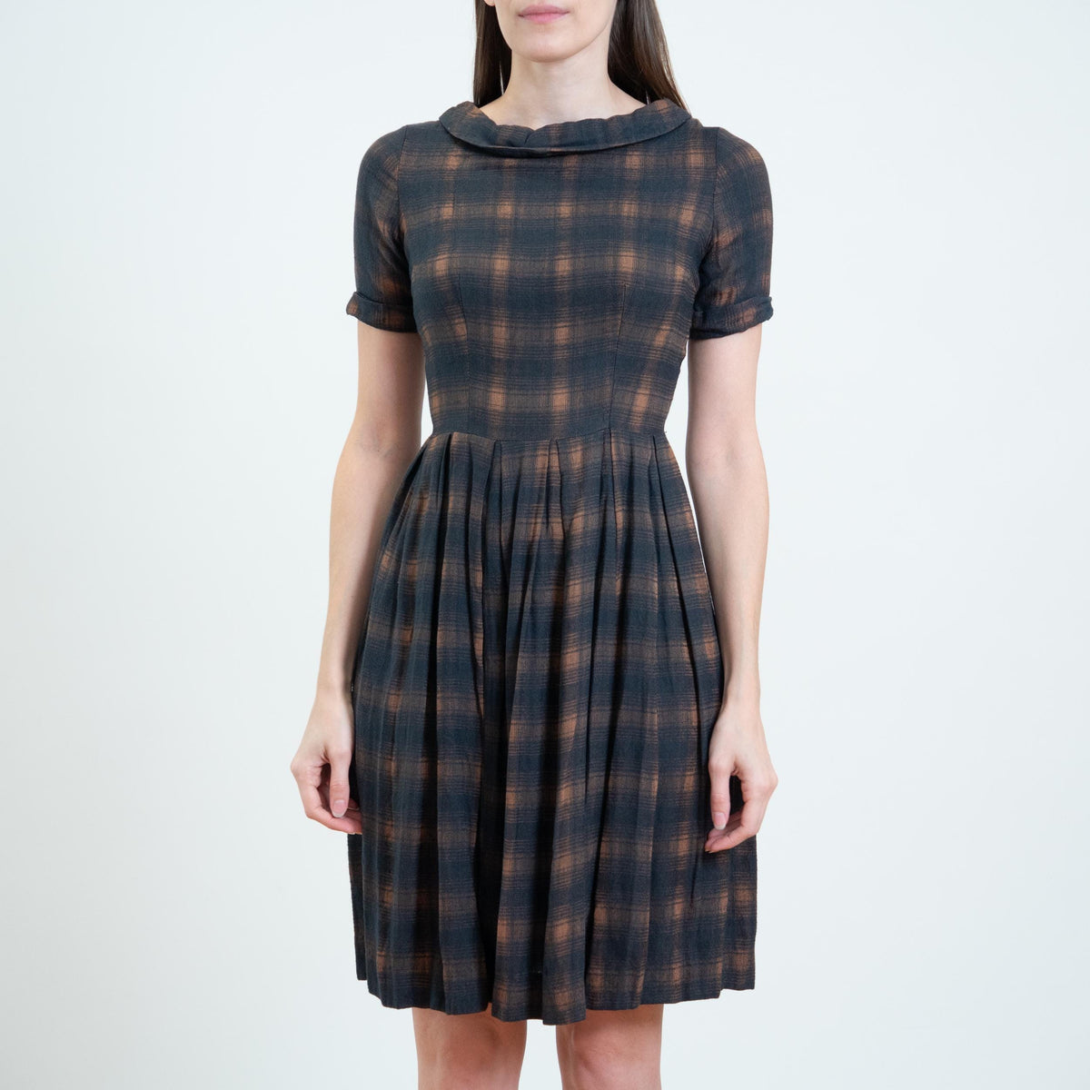 Vintage 50s Dark Plaid Soft Flannel Day Dress - Extra Small | Retro Fit & Flare Mini Dress