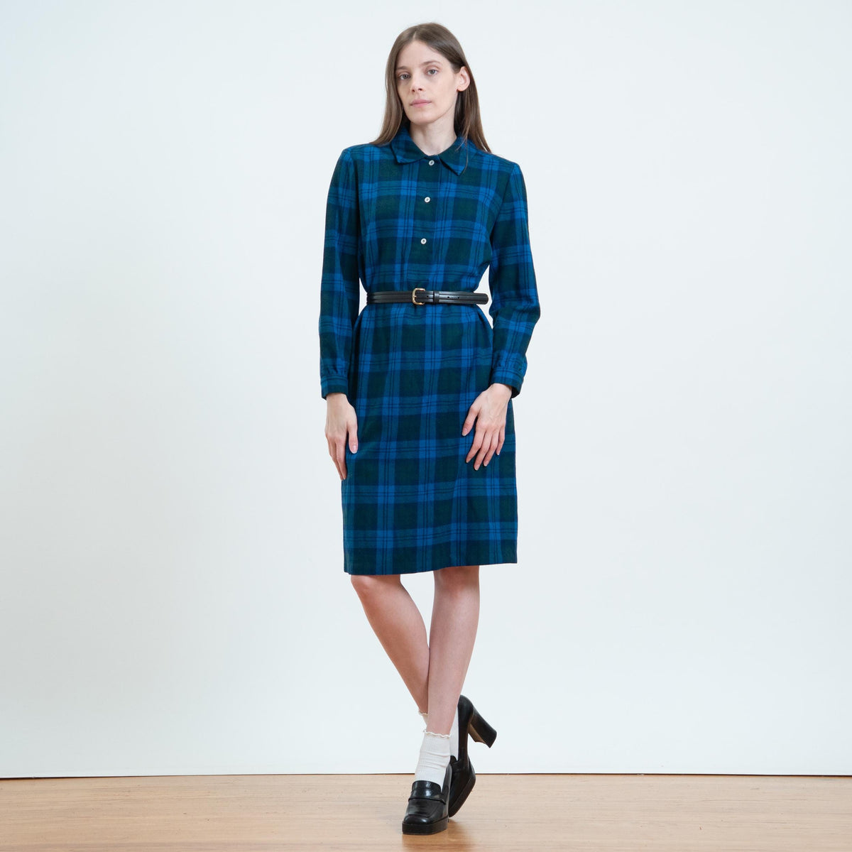 Vintage 70s Pendleton Blue Plaid Wool Shirtdress - Medium | Long Sleeve A Line Midi Dress