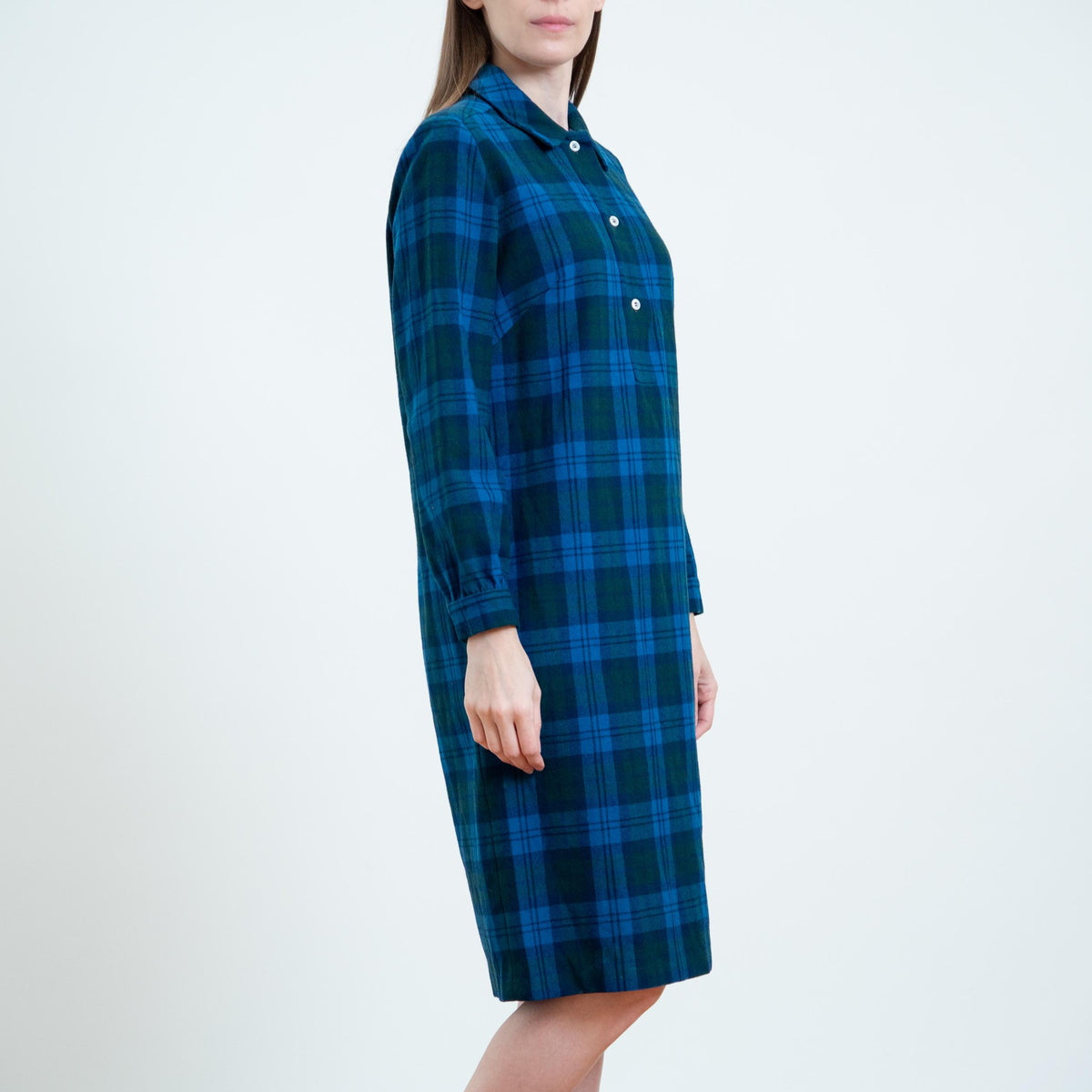 Vintage 70s Pendleton Blue Plaid Wool Shirtdress - Medium | Long Sleeve A Line Midi Dress