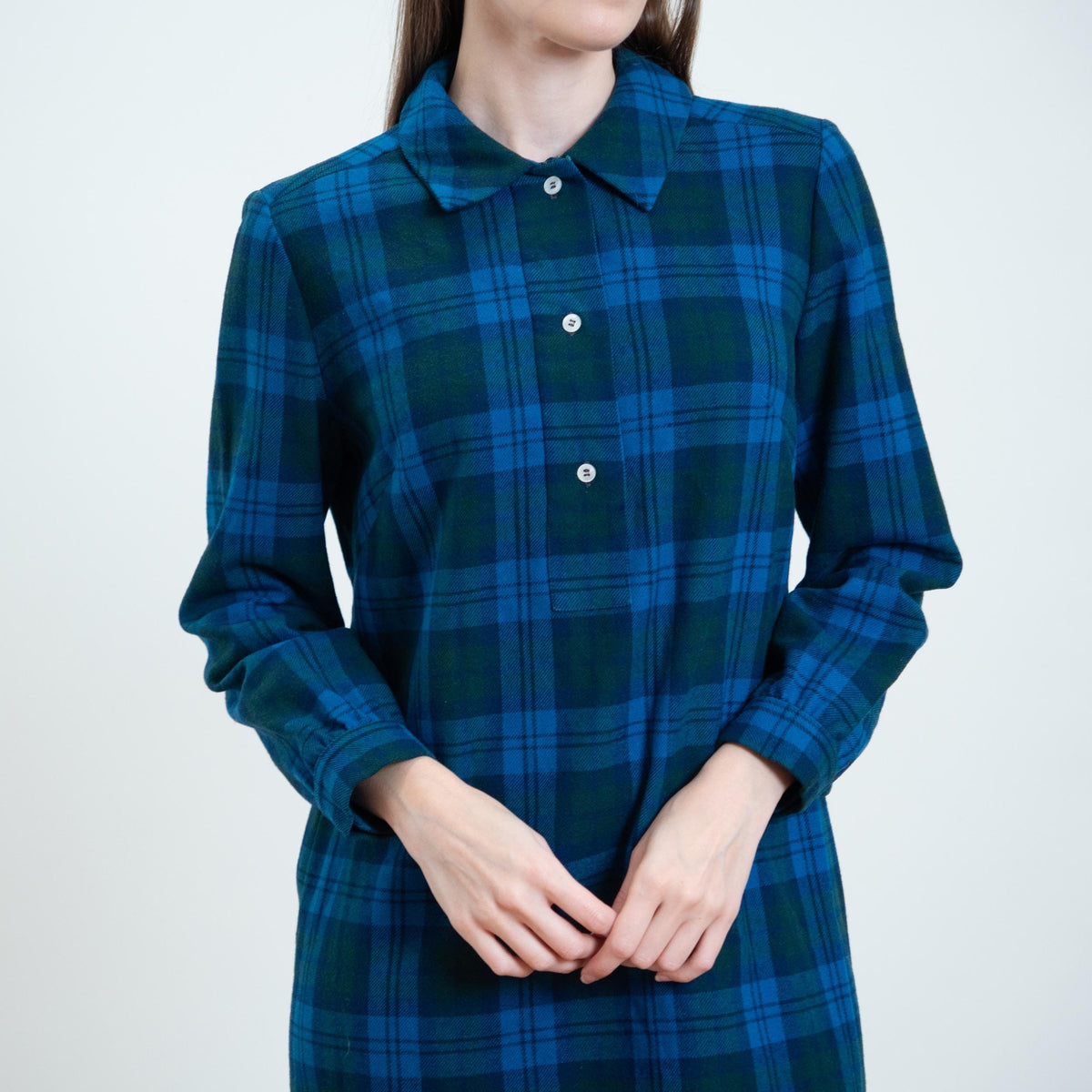 Vintage 70s Pendleton Blue Plaid Wool Shirtdress - Medium | Long Sleeve A Line Midi Dress