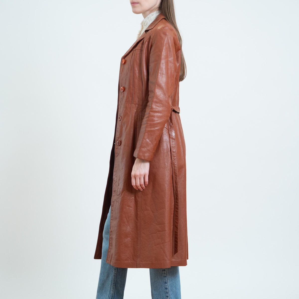 Vintage 70s Cognac Brown Leather Belted Trench - XS to Small | Boho Button Up Notched Collar Long Jacket
