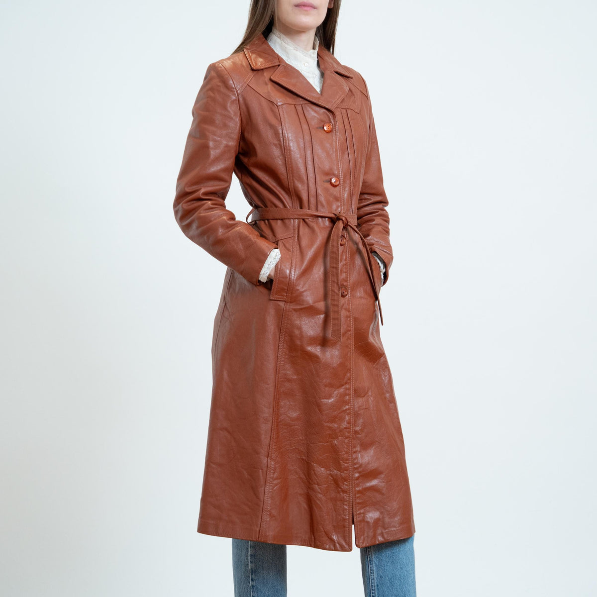 Vintage 70s Cognac Brown Leather Belted Trench - XS to Small | Boho Button Up Notched Collar Long Jacket