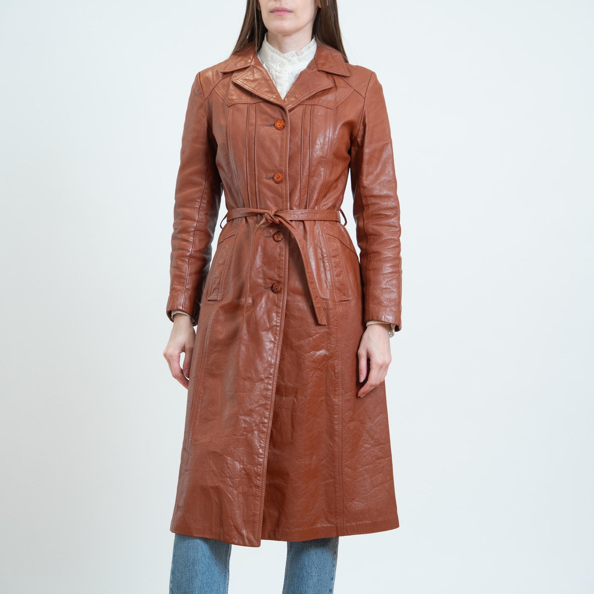 Vintage 70s Cognac Brown Leather Belted Trench - XS to Small | Boho Button Up Notched Collar Long Jacket