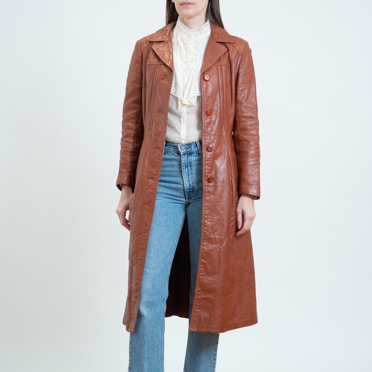 Vintage 70s Cognac Brown Leather Belted Trench - XS to Small | Boho Button Up Notched Collar Long Jacket