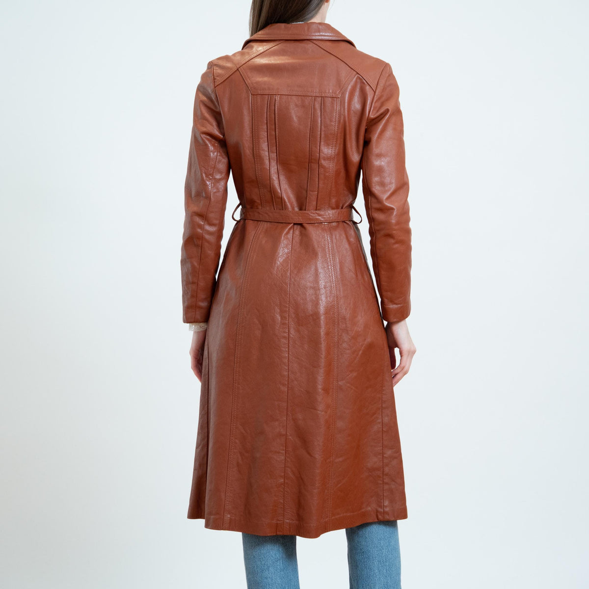 Vintage 70s Cognac Brown Leather Belted Trench - XS to Small | Boho Button Up Notched Collar Long Jacket