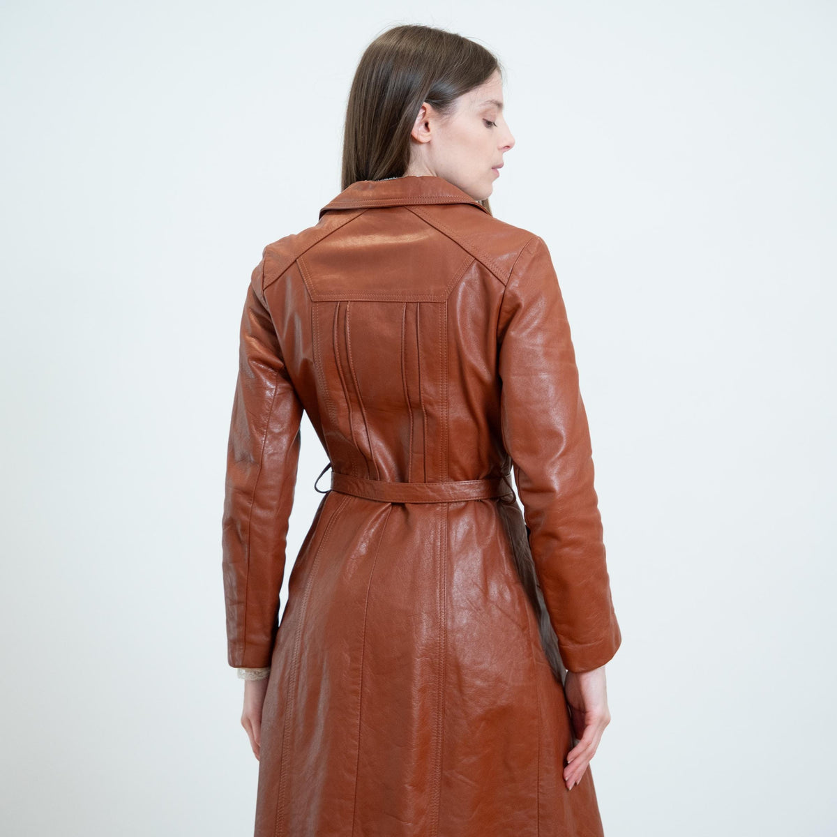 Vintage 70s Cognac Brown Leather Belted Trench - XS to Small | Boho Button Up Notched Collar Long Jacket