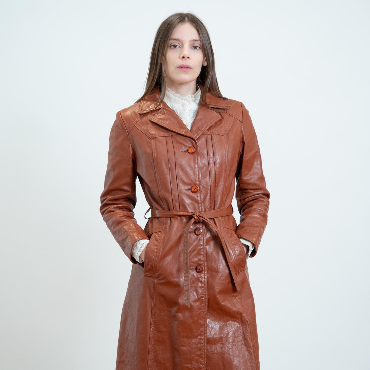 Vintage 70s Cognac Brown Leather Belted Trench - XS to Small | Boho Button Up Notched Collar Long Jacket