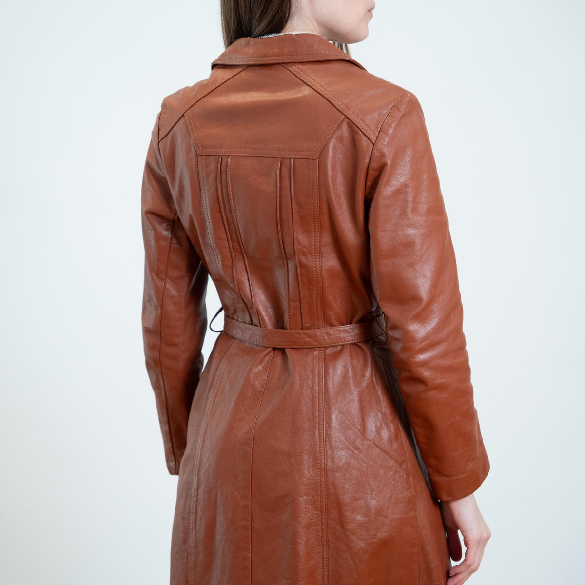 Vintage 70s Cognac Brown Leather Belted Trench - XS to Small | Boho Button Up Notched Collar Long Jacket