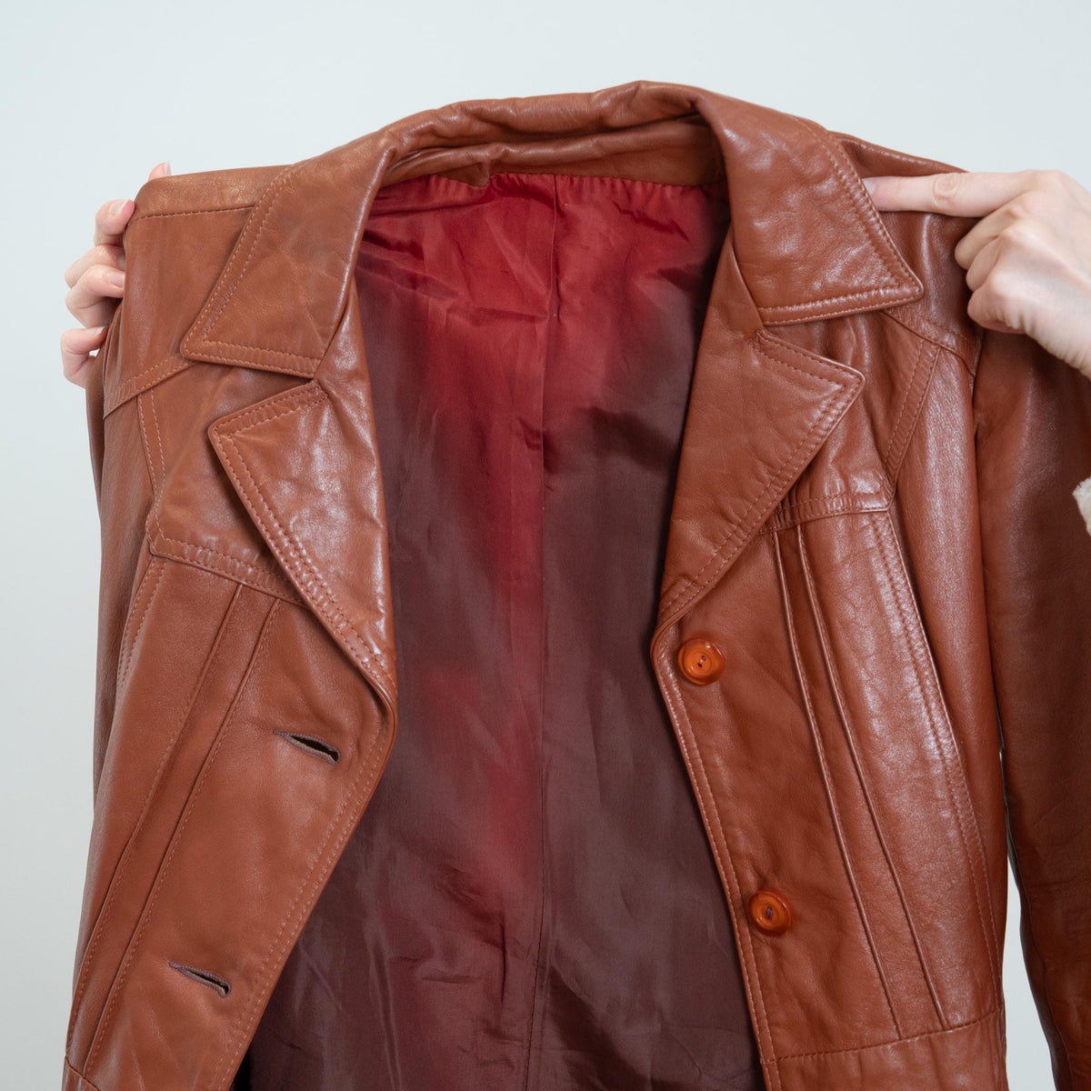 Vintage 70s Cognac Brown Leather Belted Trench - XS to Small | Boho Button Up Notched Collar Long Jacket