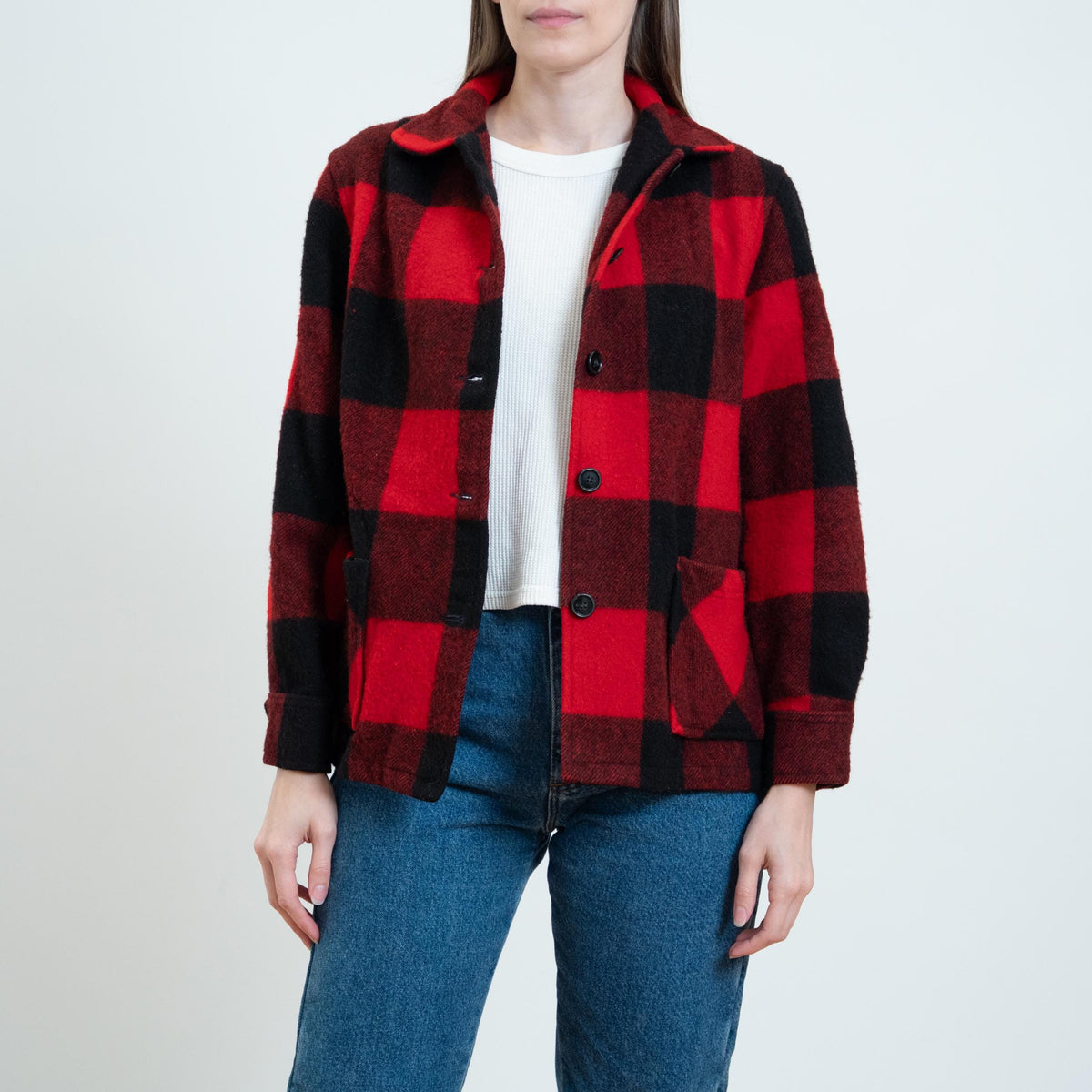 Vintage 60s Buffalo Plaid Wool Jacket - Petite Medium | Black & Red Lumberjack Mackinaw Shacket