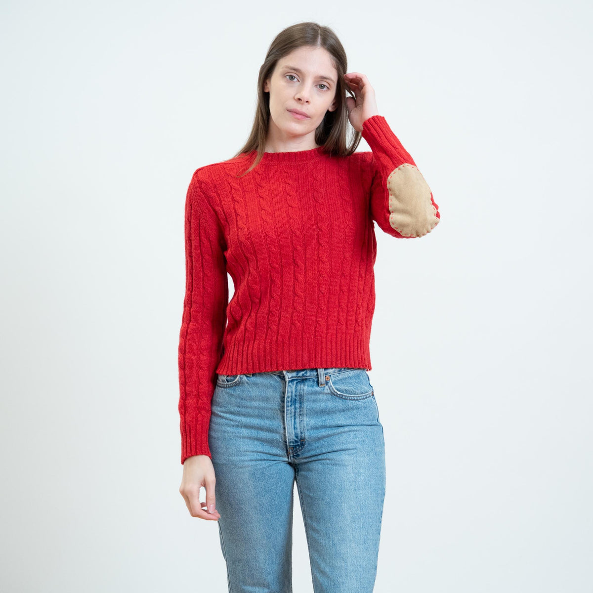 Vintage 90s Cherry Red Elbow Patch Sweater - Small | Lands’ End Cable Knit Pullover