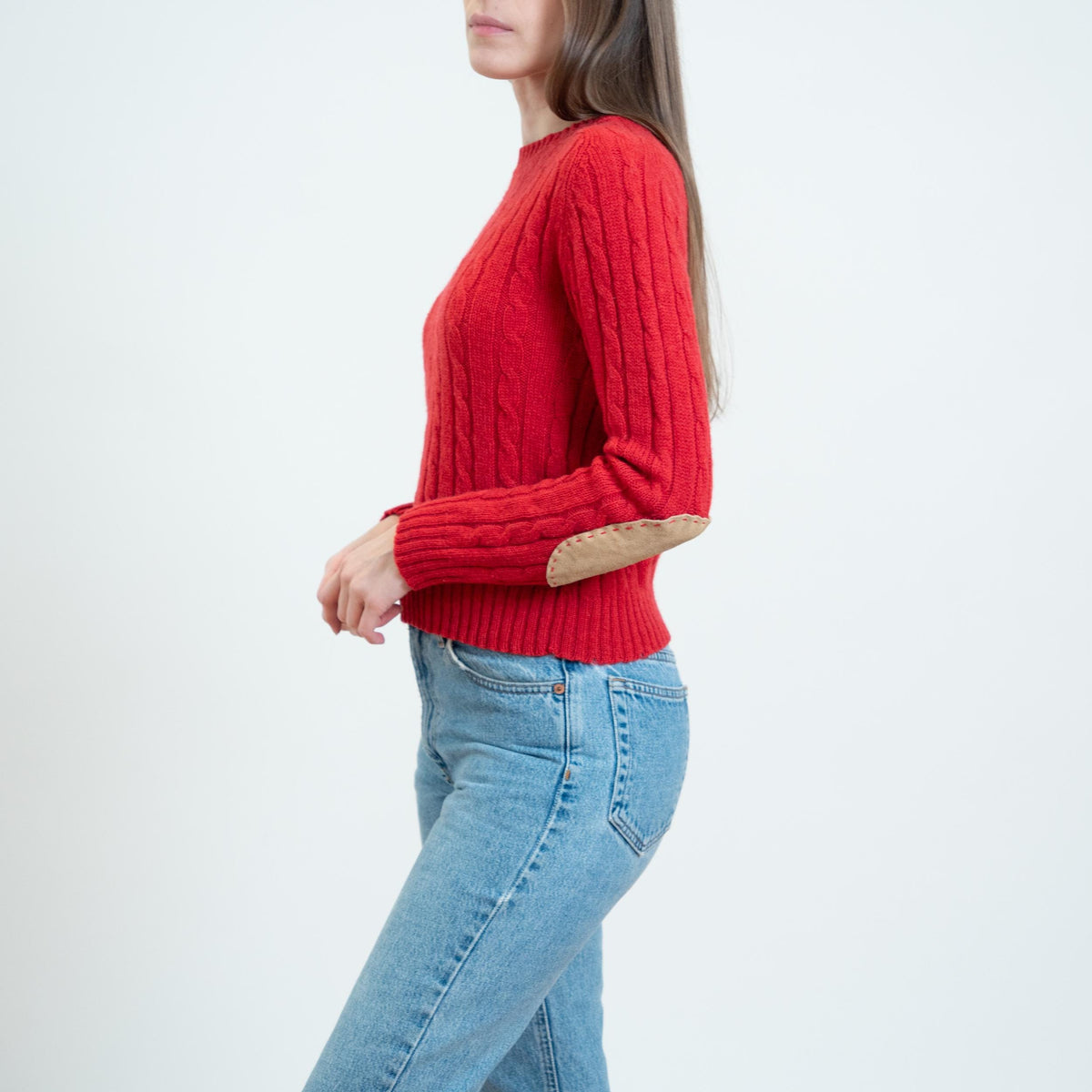 Vintage 90s Cherry Red Elbow Patch Sweater - Small | Lands’ End Cable Knit Pullover