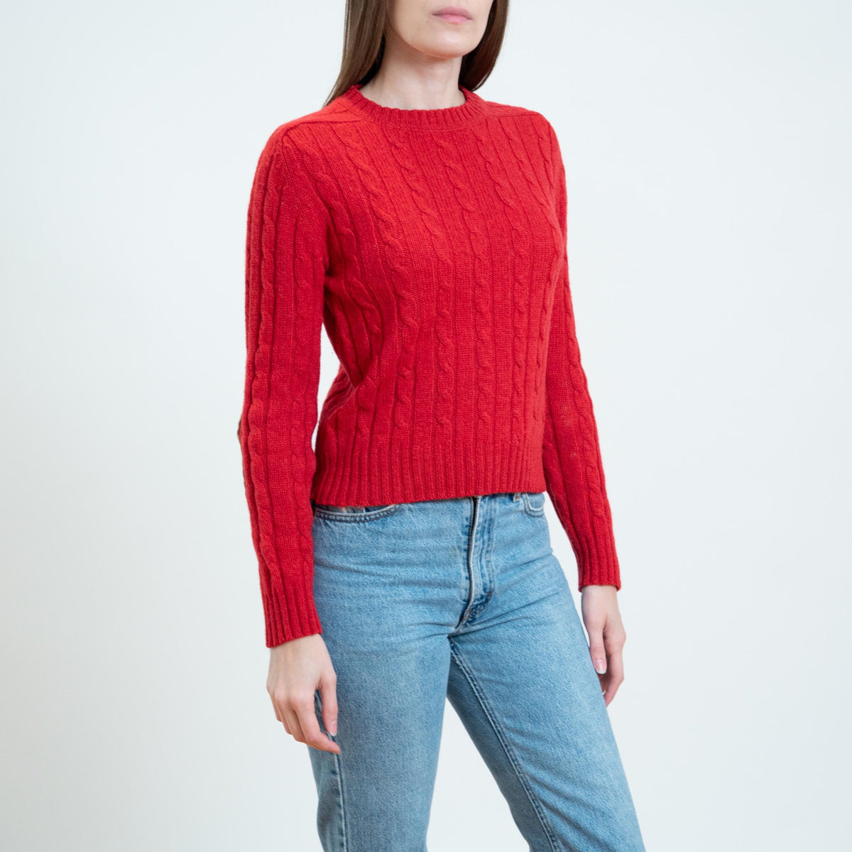 Vintage 90s Cherry Red Elbow Patch Sweater - Small | Lands’ End Cable Knit Pullover