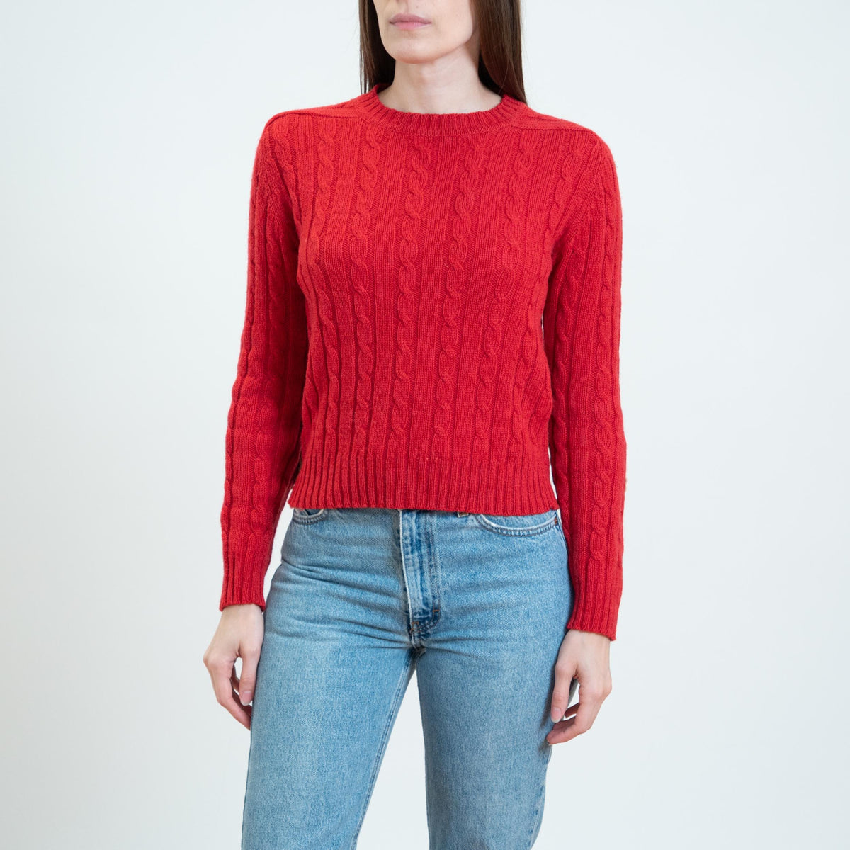 Vintage 90s Cherry Red Elbow Patch Sweater - Small | Lands’ End Cable Knit Pullover