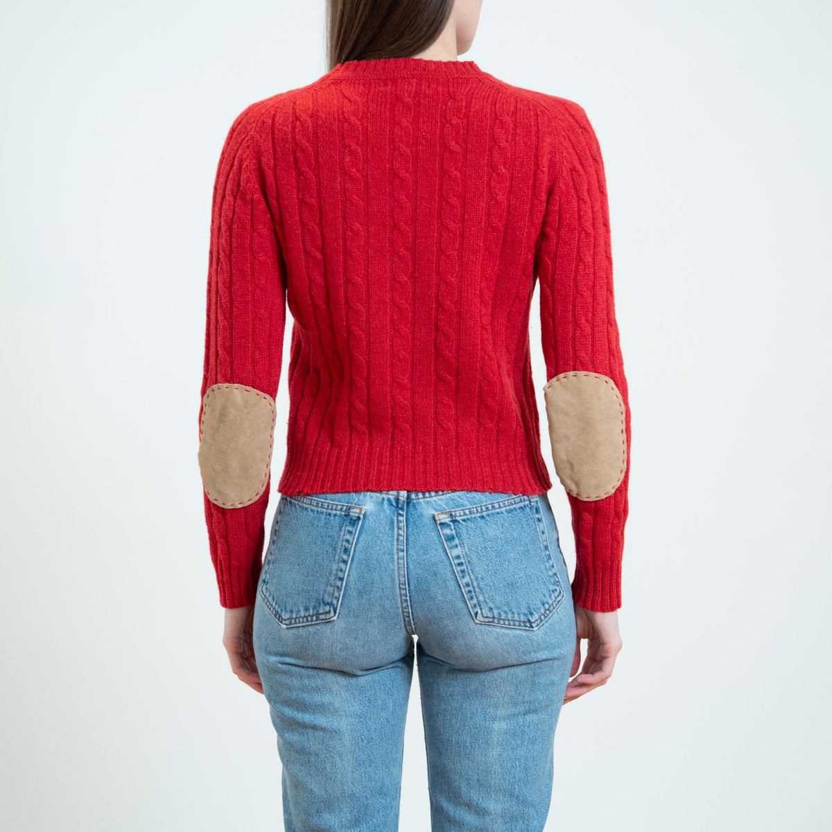 Vintage 90s Cherry Red Elbow Patch Sweater - Small | Lands’ End Cable Knit Pullover