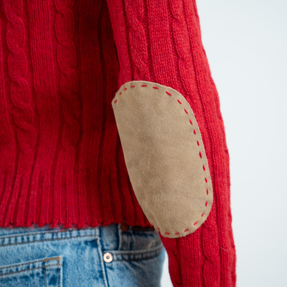 Vintage 90s Cherry Red Elbow Patch Sweater - Small | Lands’ End Cable Knit Pullover
