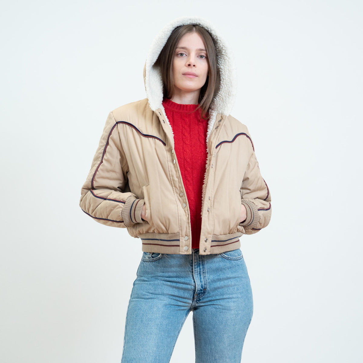 Vintage 80s Khaki Sherpa Lined Hooded Ski Jacket - Medium | Cropped Puffer Winter Coat