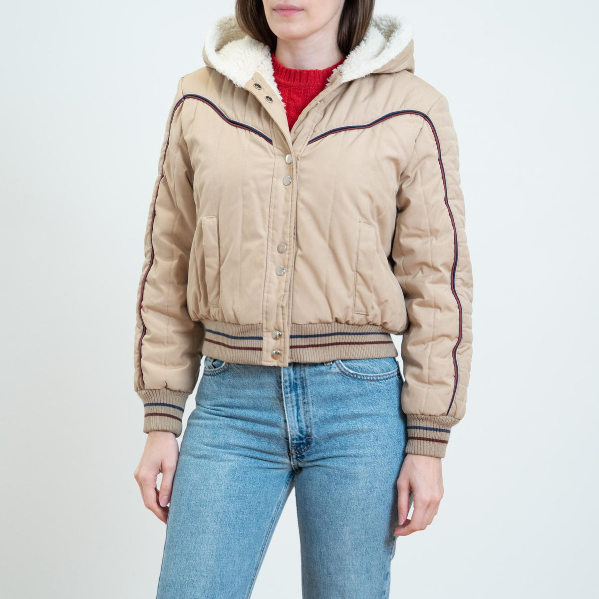 Vintage 80s Khaki Sherpa Lined Hooded Ski Jacket - Medium | Cropped Puffer Winter Coat