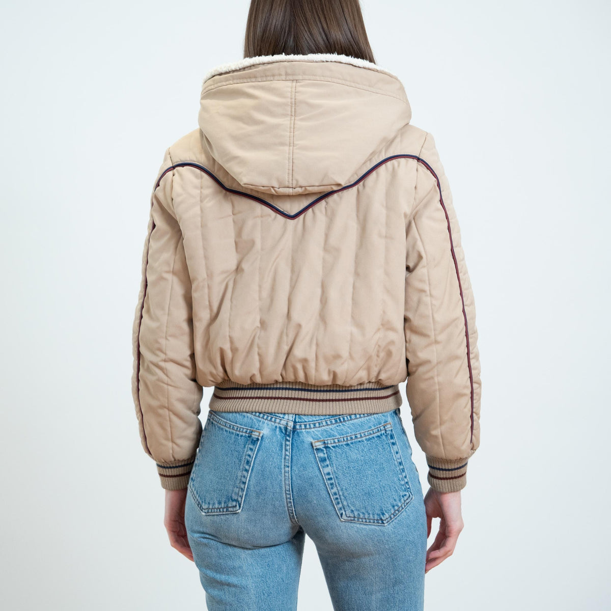 Vintage 80s Khaki Sherpa Lined Hooded Ski Jacket - Medium | Cropped Puffer Winter Coat