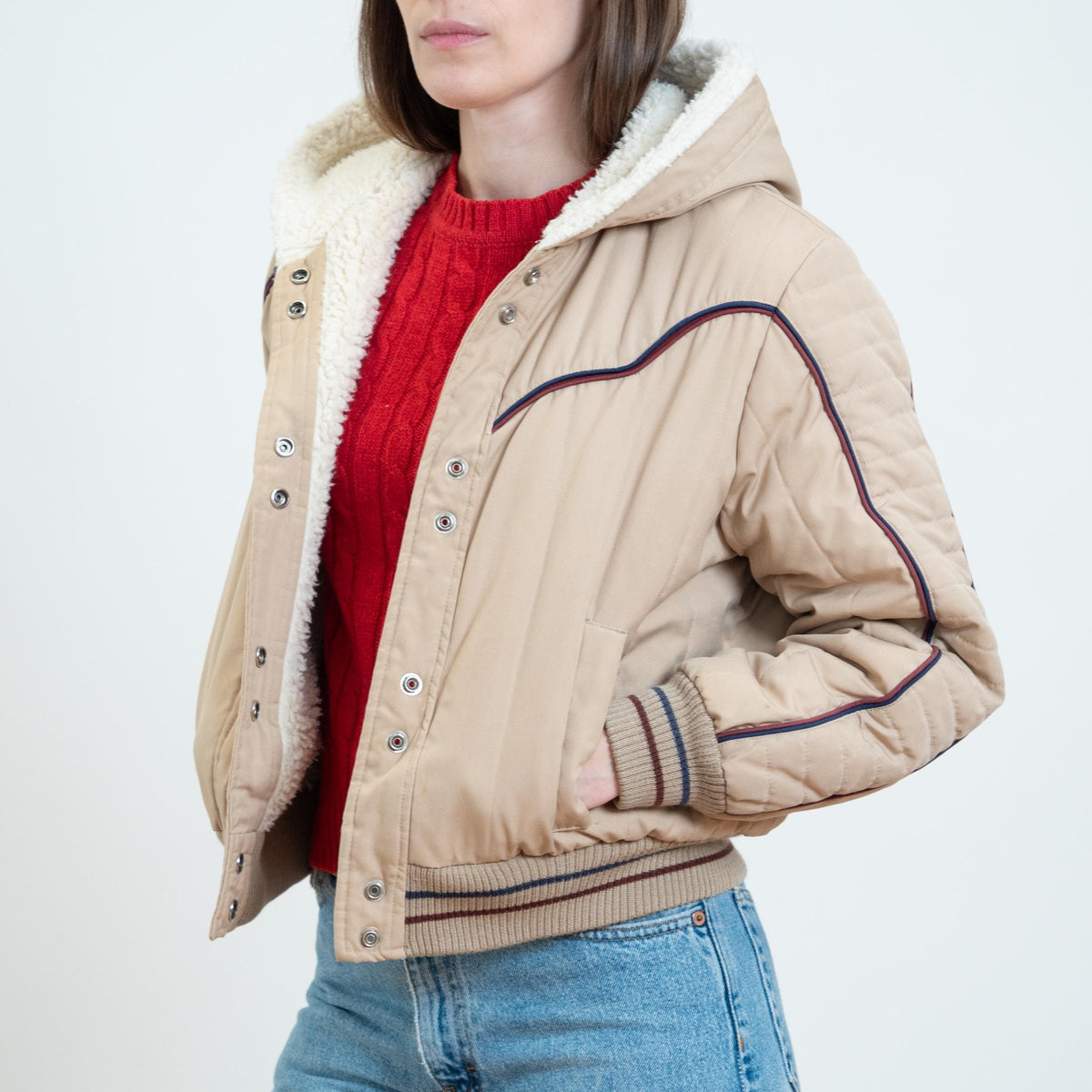 Vintage 80s Khaki Sherpa Lined Hooded Ski Jacket - Medium | Cropped Puffer Winter Coat