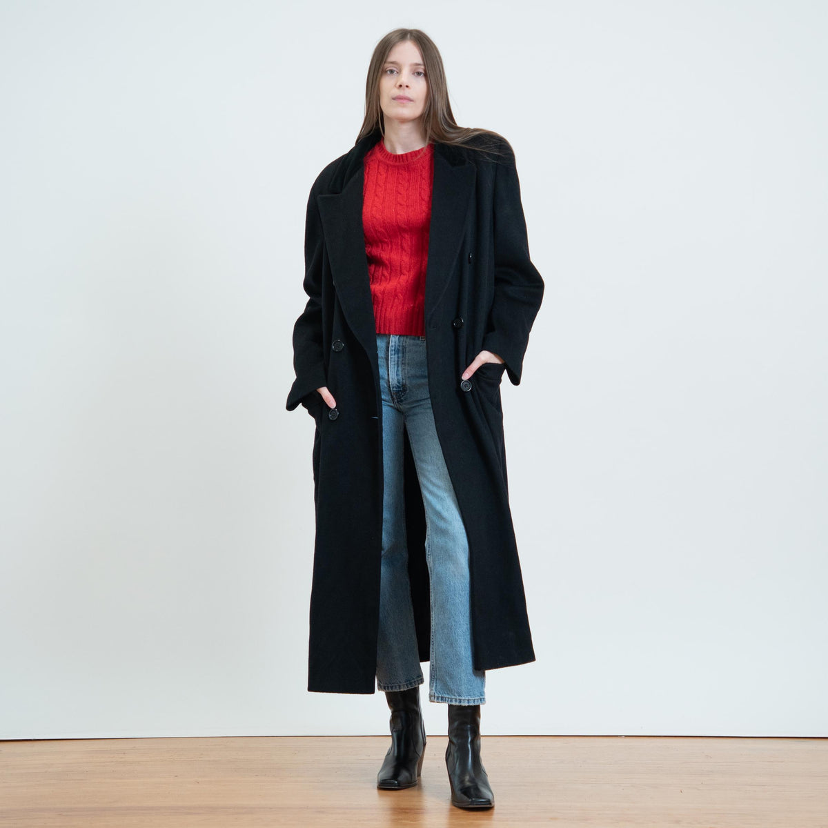 Vintage 80s Black Wool Velvet Collar Overcoat - Extra Large | Alorna Double Breasted Long Winter Coat