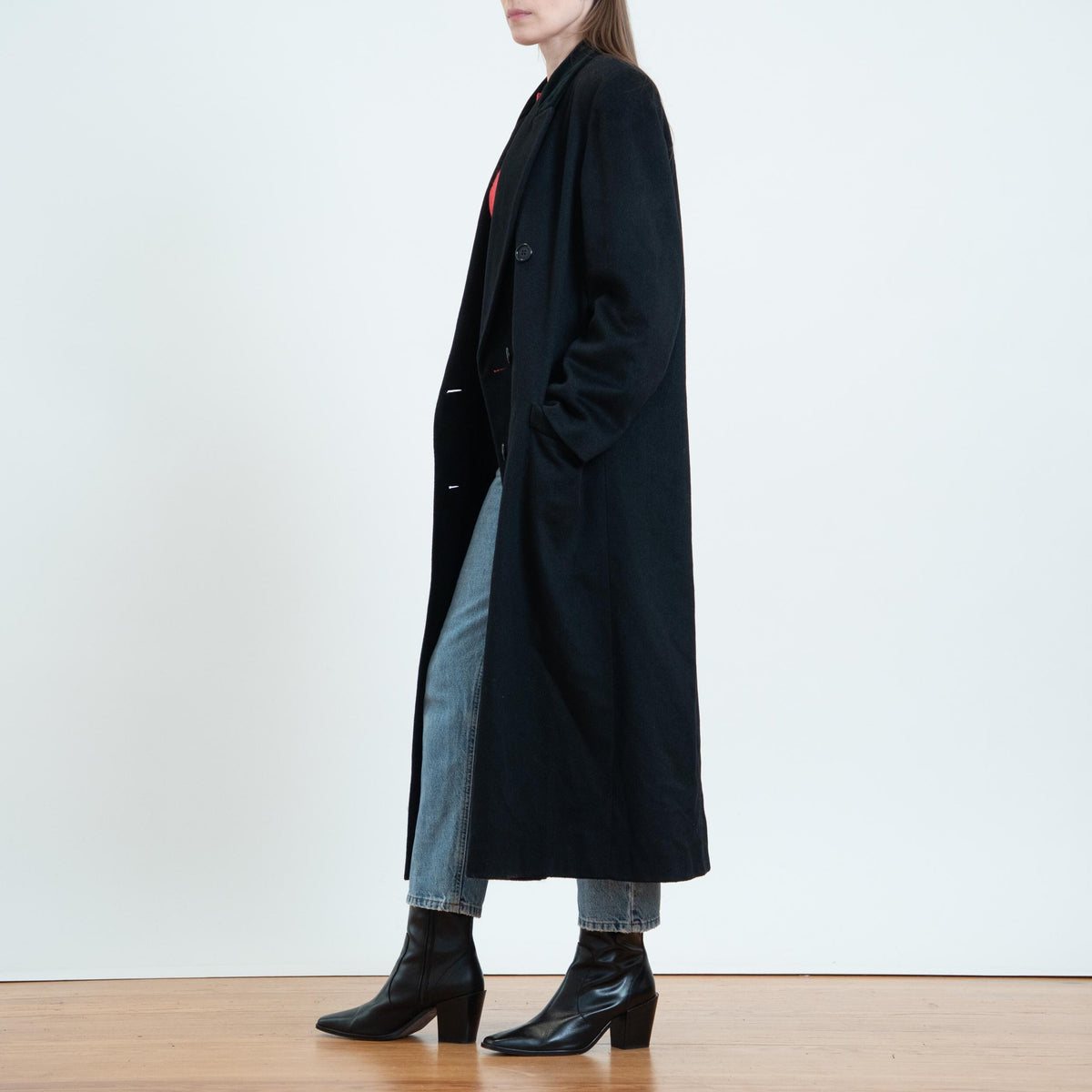Vintage 80s Black Wool Velvet Collar Overcoat - Extra Large | Alorna Double Breasted Long Winter Coat