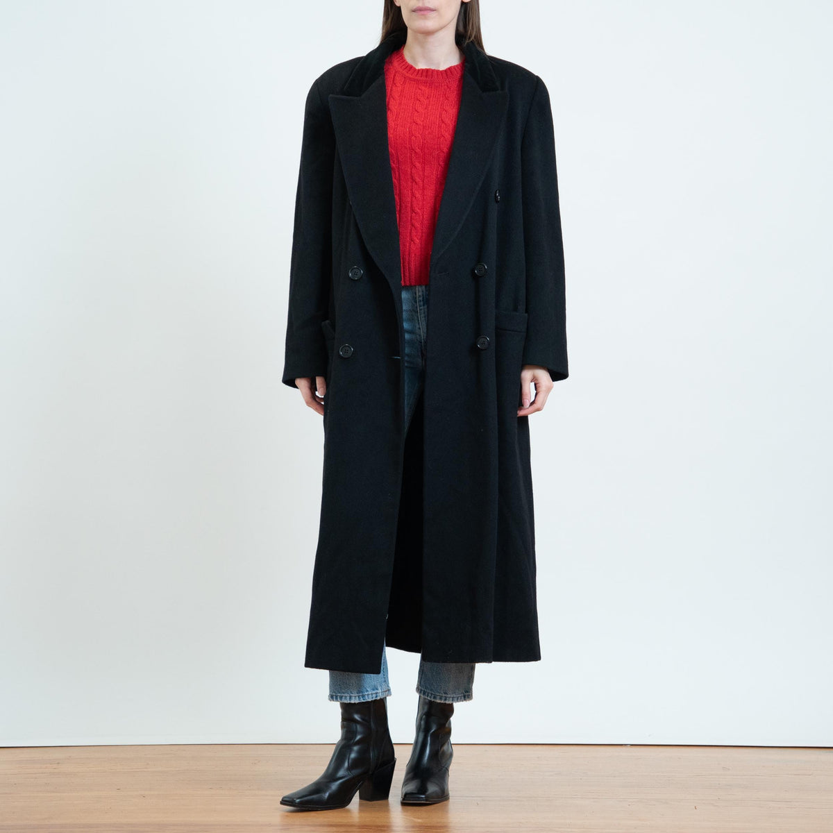 Vintage 80s Black Wool Velvet Collar Overcoat - Extra Large | Alorna Double Breasted Long Winter Coat