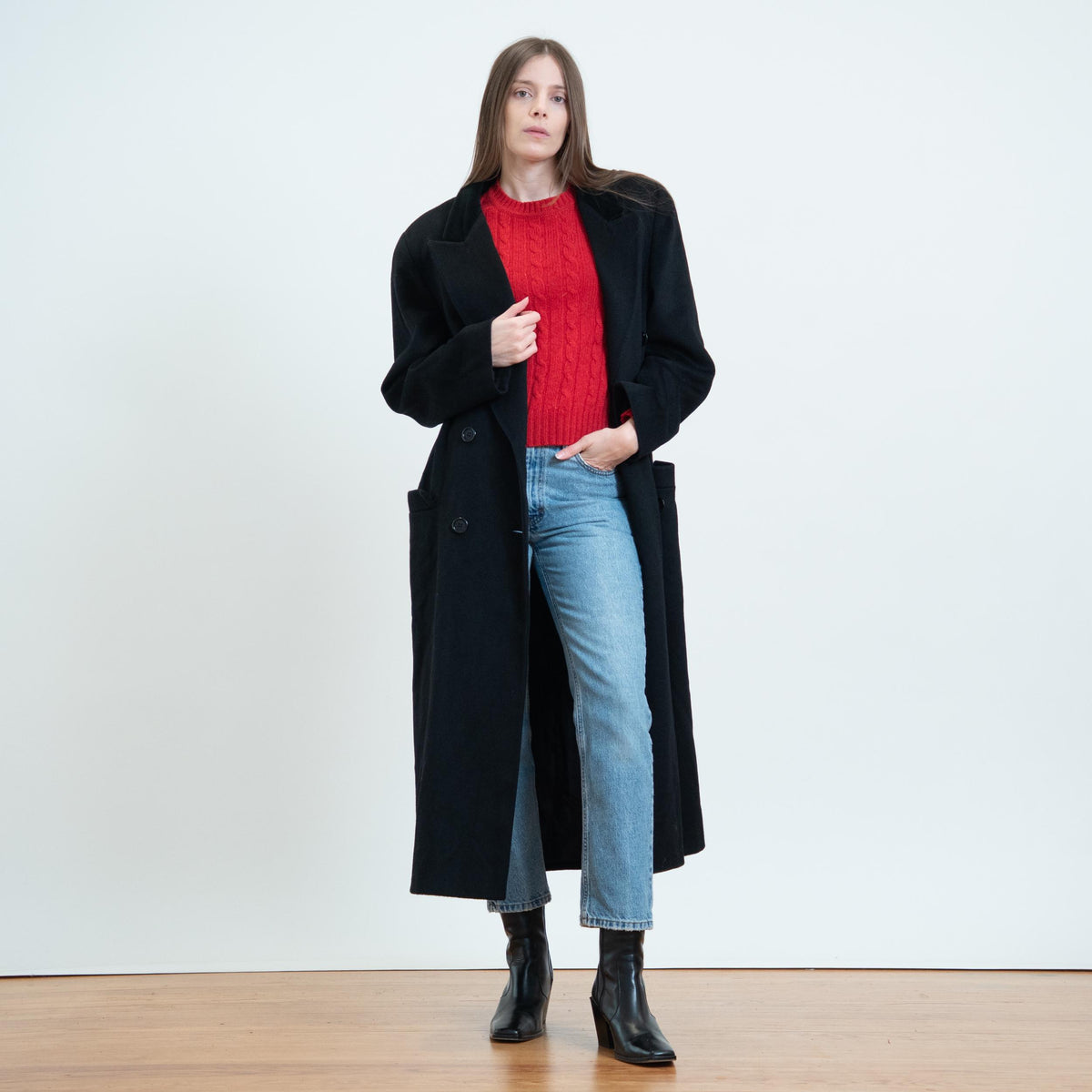 Vintage 80s Black Wool Velvet Collar Overcoat - Extra Large | Alorna Double Breasted Long Winter Coat