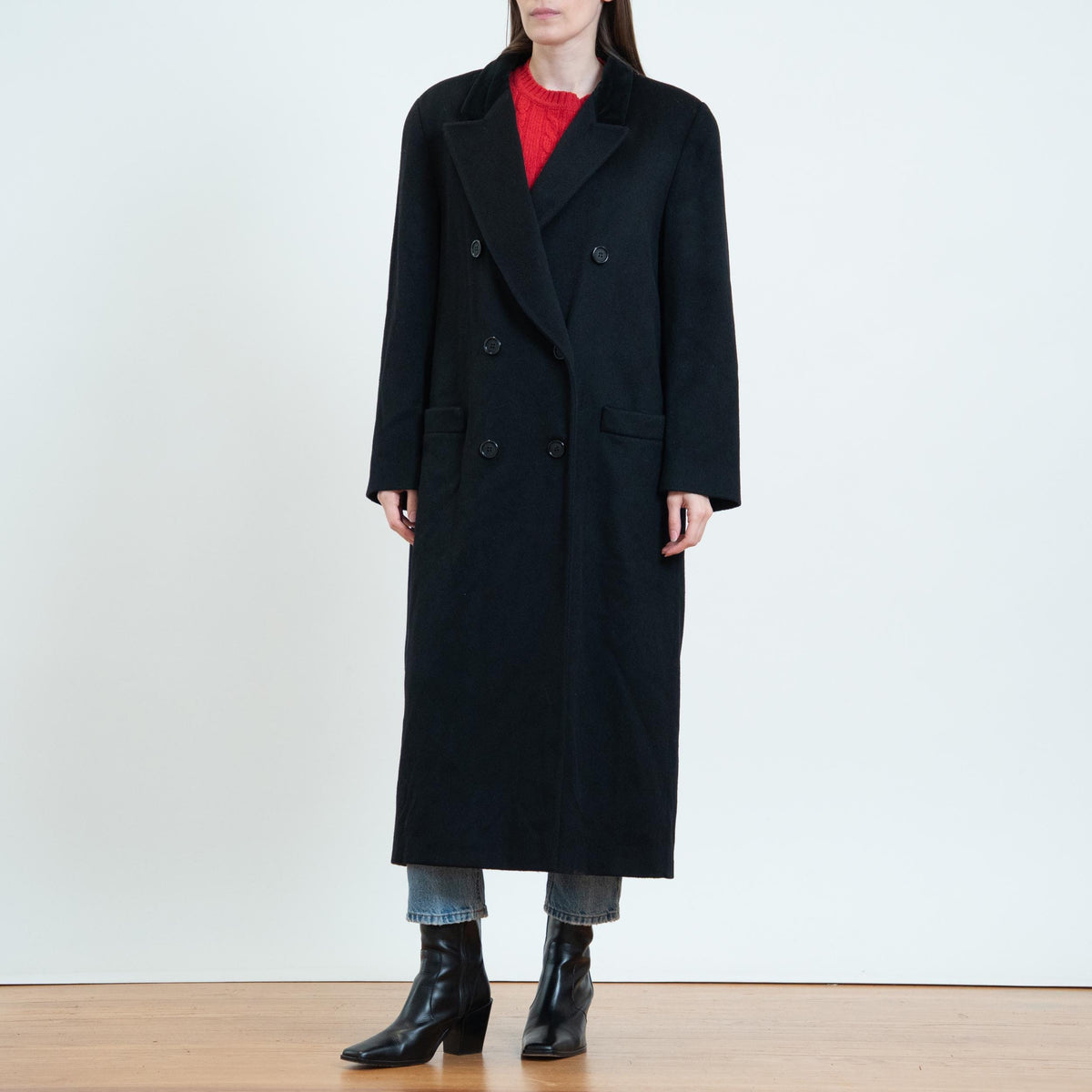 Vintage 80s Black Wool Velvet Collar Overcoat - Extra Large | Alorna Double Breasted Long Winter Coat