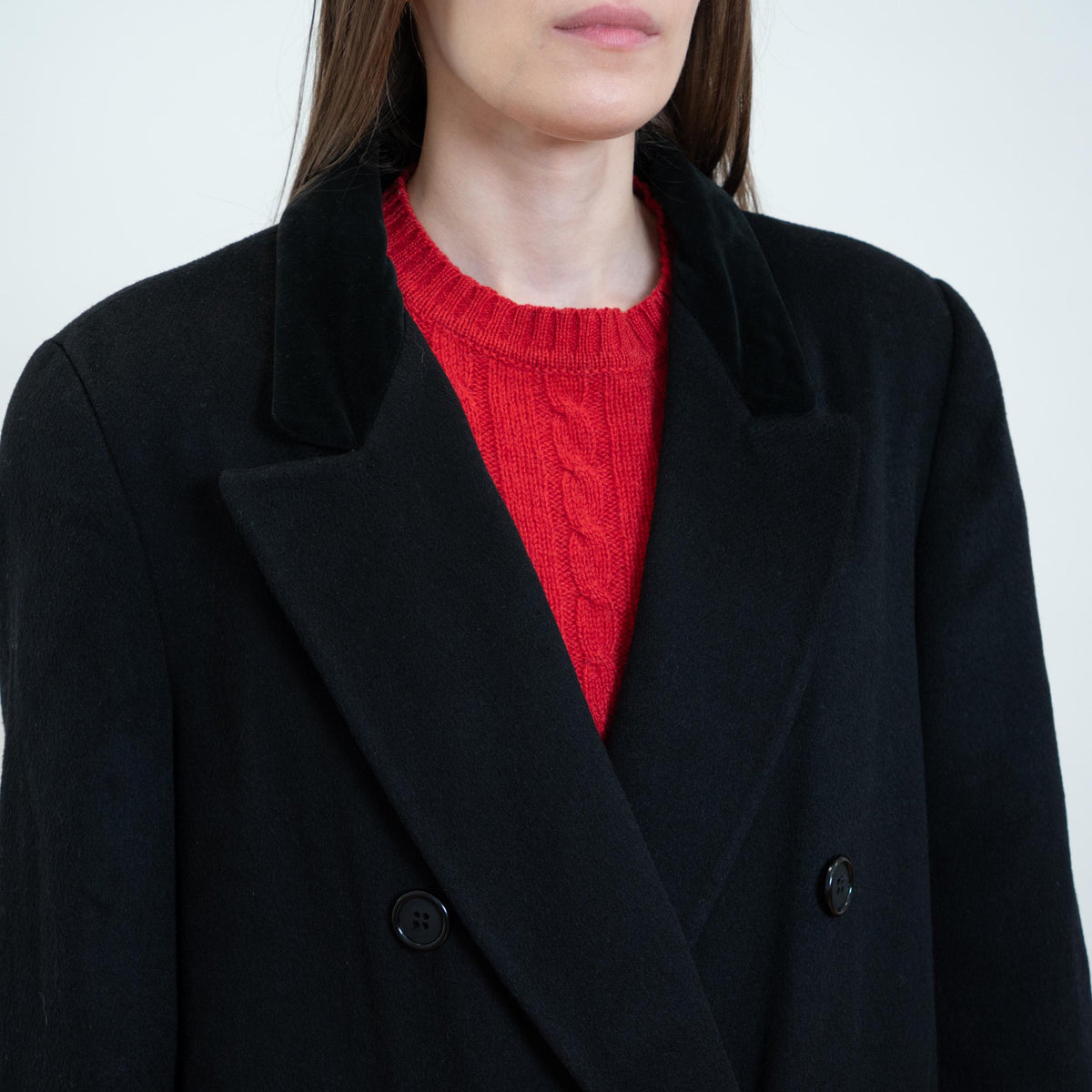 Vintage 80s Black Wool Velvet Collar Overcoat - Extra Large | Alorna Double Breasted Long Winter Coat