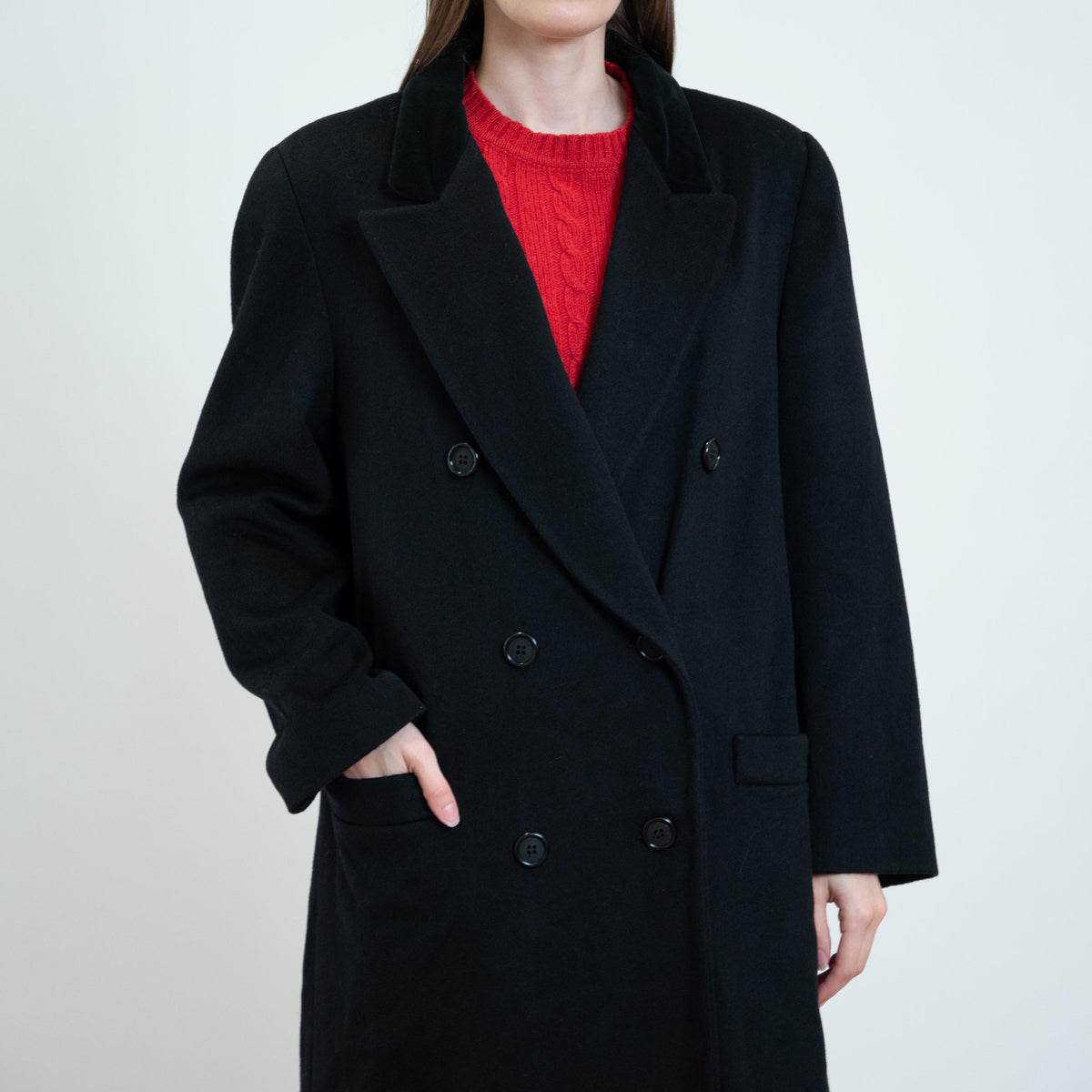 Vintage 80s Black Wool Velvet Collar Overcoat - Extra Large | Alorna Double Breasted Long Winter Coat
