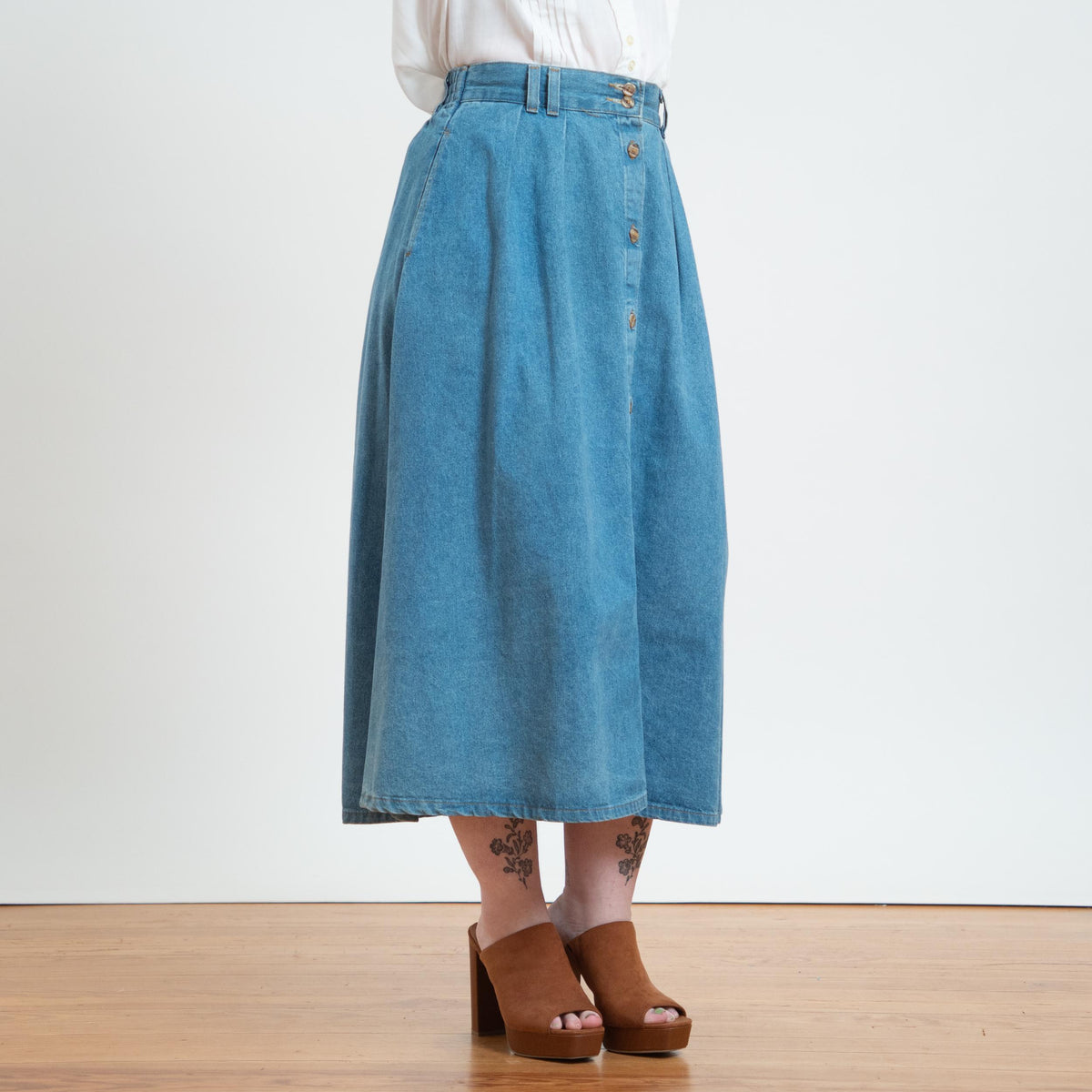 Vintage 90s Denim Button Front Pleated Midi Skirt - Medium to Large, 28"-32" Waist | High Waisted A Line Long Skirt