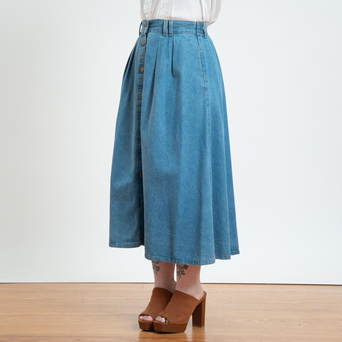 Vintage 90s Denim Button Front Pleated Midi Skirt - Medium to Large, 28"-32" Waist | High Waisted A Line Long Skirt