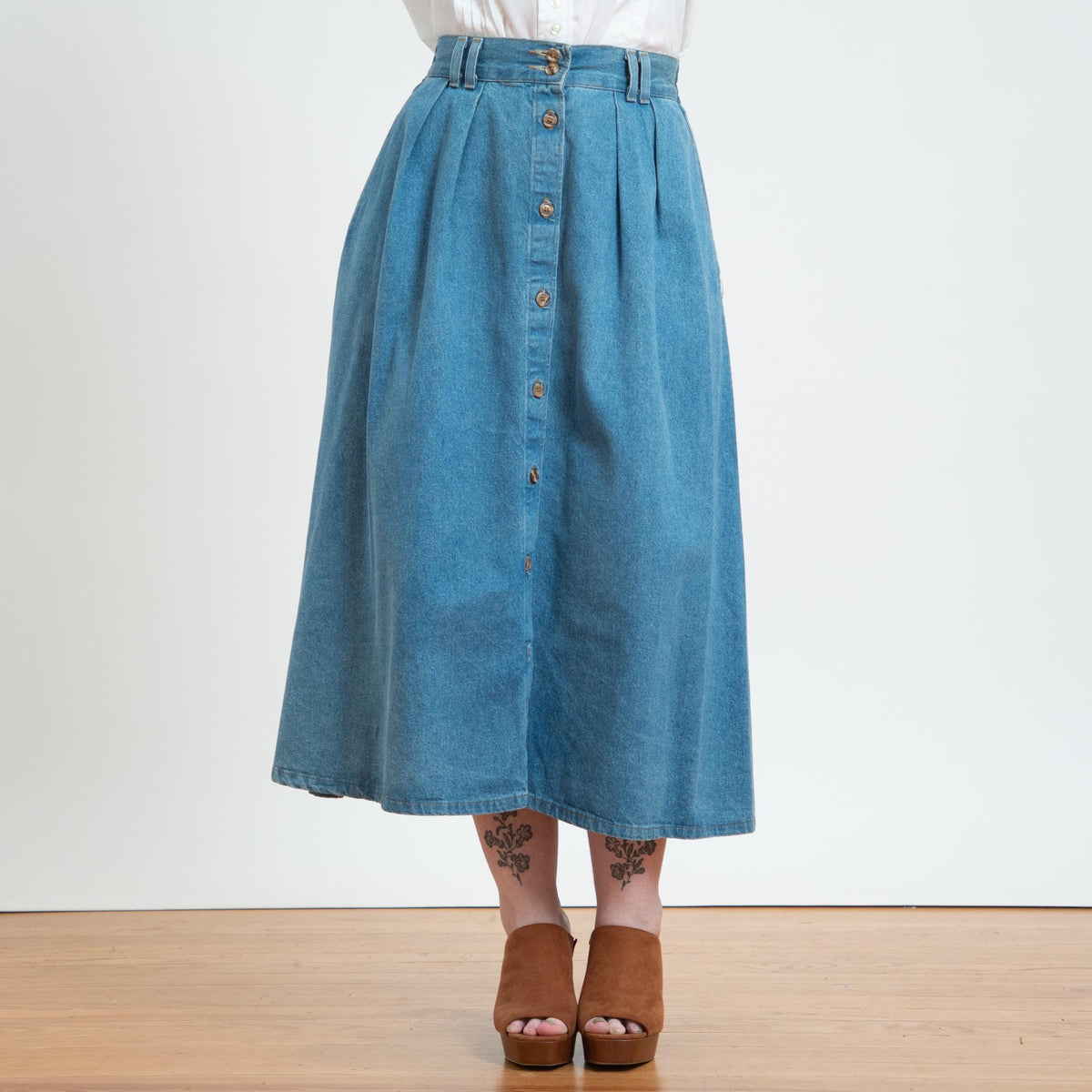 Vintage 90s Denim Button Front Pleated Midi Skirt - Medium to Large, 28"-32" Waist | High Waisted A Line Long Skirt