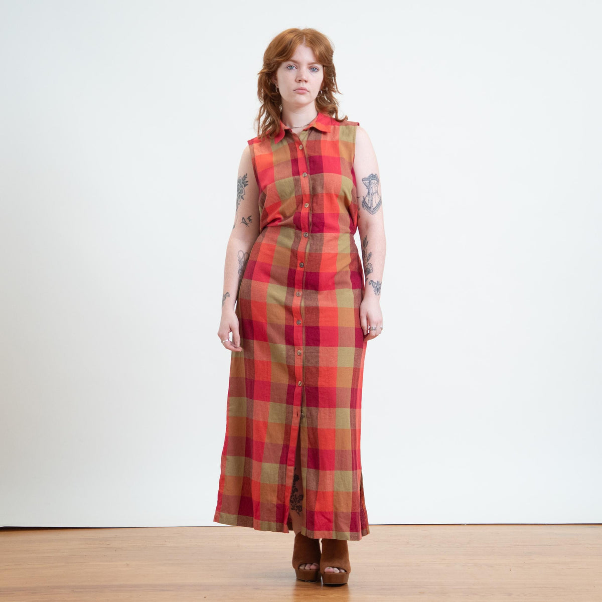Vintage Y2K Sunset Plaid Linen Blend Maxi Dress - Extra Large | Sleeveless Tie Back Sundress