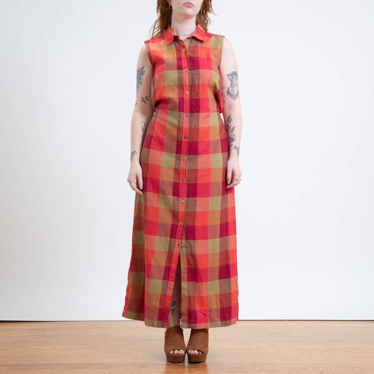 Vintage Y2K Sunset Plaid Linen Blend Maxi Dress - Extra Large | Sleeveless Tie Back Sundress