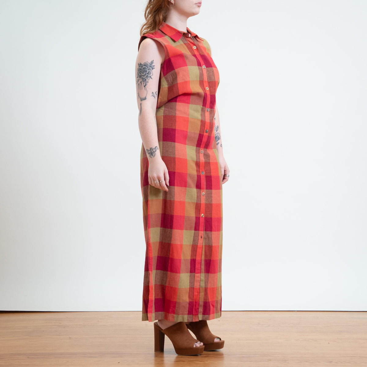 Vintage Y2K Sunset Plaid Linen Blend Maxi Dress - Extra Large | Sleeveless Tie Back Sundress