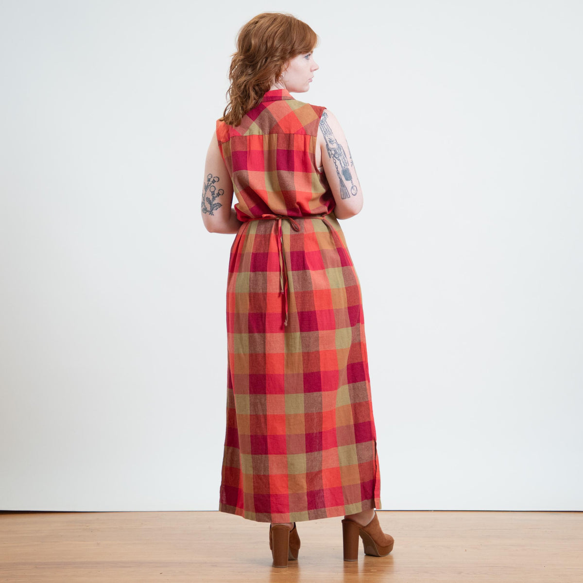 Vintage Y2K Sunset Plaid Linen Blend Maxi Dress - Extra Large | Sleeveless Tie Back Sundress