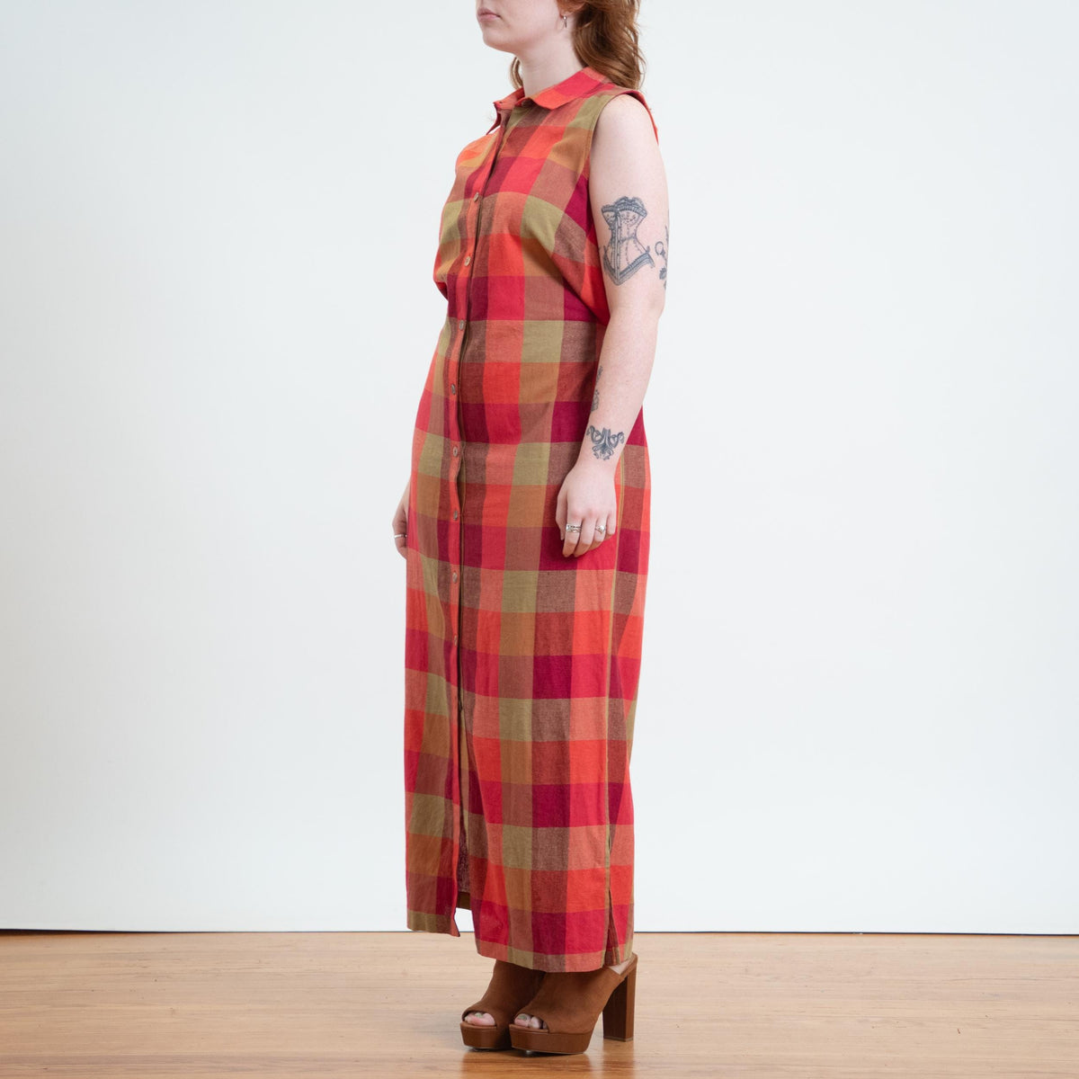 Vintage Y2K Sunset Plaid Linen Blend Maxi Dress - Extra Large | Sleeveless Tie Back Sundress