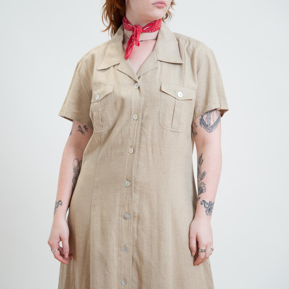 Vintage 90s Oatmeal Linen Maxi Shirtdress - Extra Large | Minimalist Button Front Dress