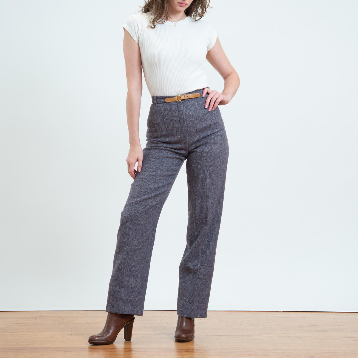 Vintage 80s Mauve Herringbone Tweed Belted Trousers - Small, 26” Waist | High Waisted Wool Straight Leg Pants