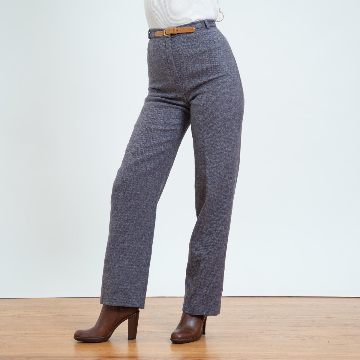 Vintage 80s Mauve Herringbone Tweed Belted Trousers - Small, 26” Waist | High Waisted Wool Straight Leg Pants
