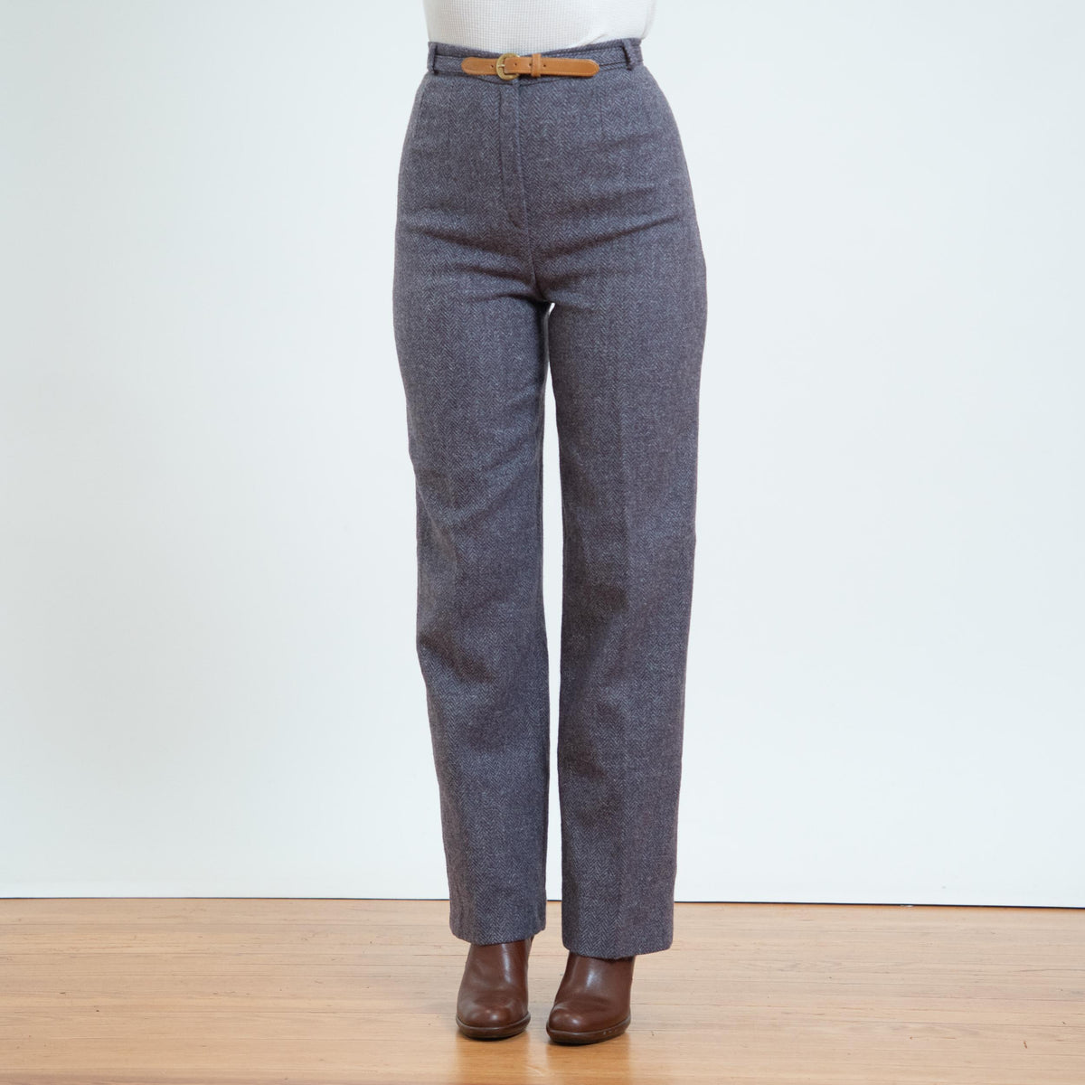 Vintage 80s Mauve Herringbone Tweed Belted Trousers - Small, 26” Waist | High Waisted Wool Straight Leg Pants