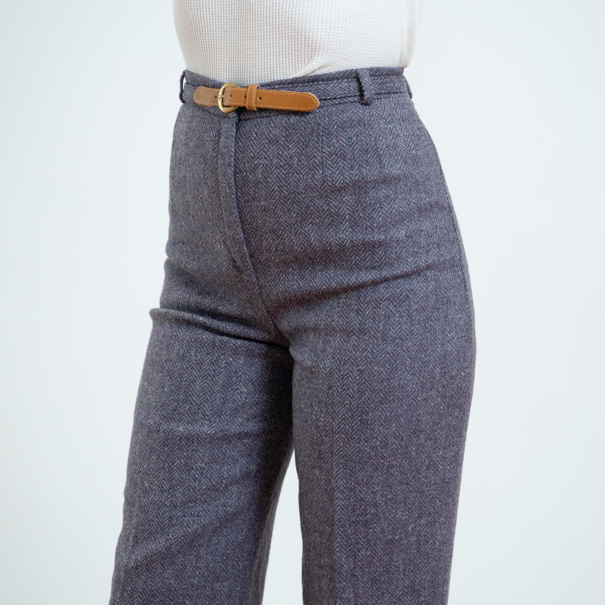 Vintage 80s Mauve Herringbone Tweed Belted Trousers - Small, 26” Waist | High Waisted Wool Straight Leg Pants